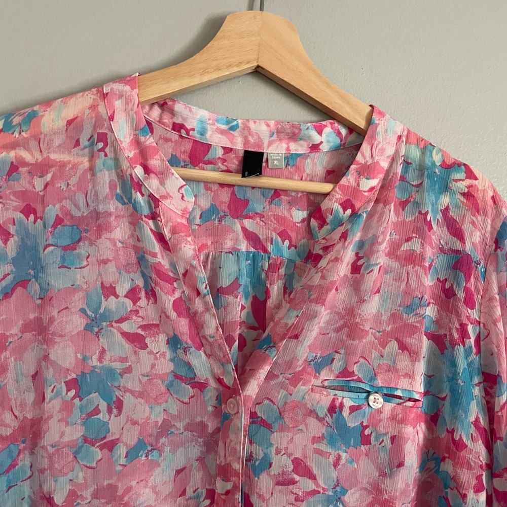 KUT from the Kloth Blouse Womens XL Pink Blue Floral Roll Tab Sleeve Boho Top